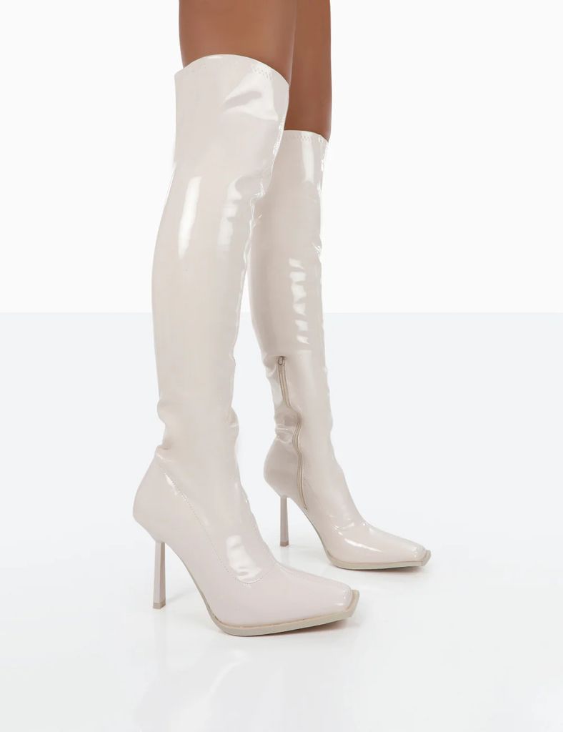 Jenine Ecru Patent Over The Knee Stiletto Heeled Boots