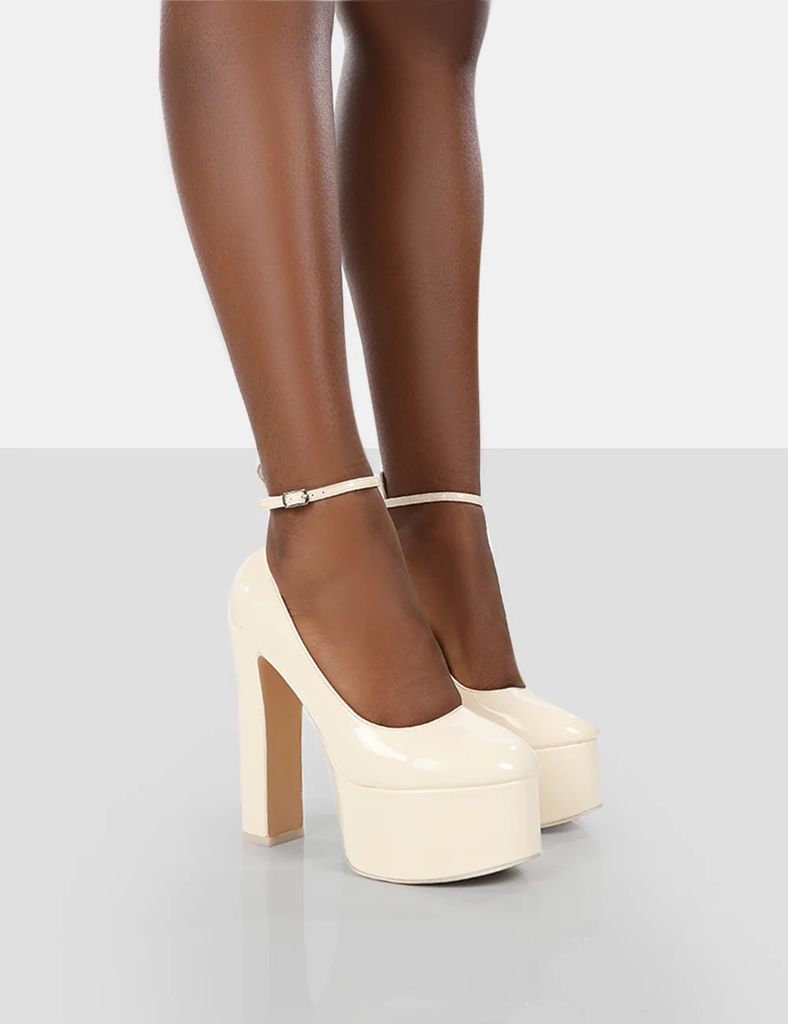 Donatella White Patent Ankle Strap Block Heel Platform Court Shoes
