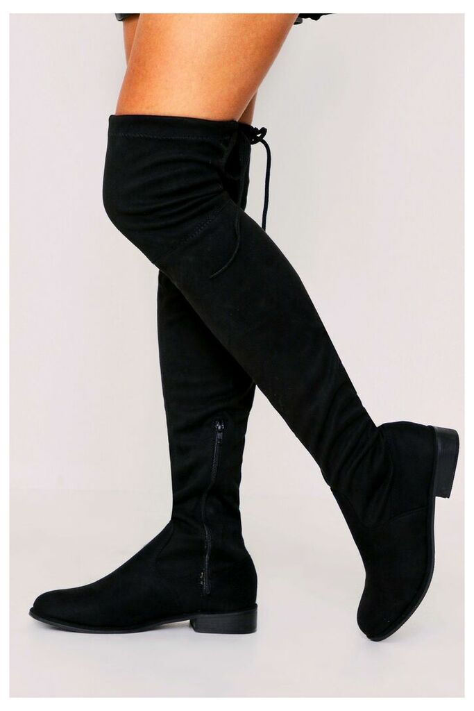 Womens Tie Back Flat Over The Knee Boots - black - 3, Black