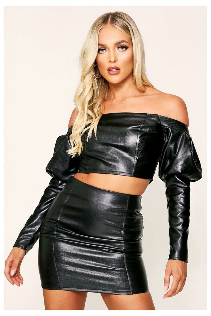 Womens Leather Look Puff Sleeve Crop Top - black - 10, Black
