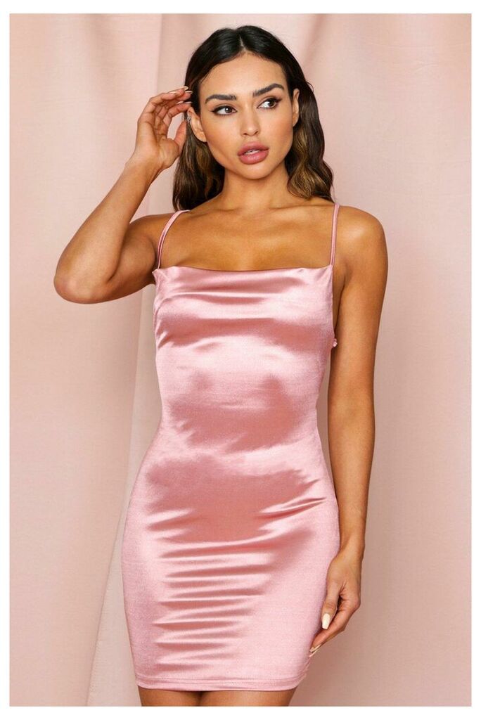 Womens Satin Lace Up Back Bodycon Dress - rose pink - 16, Rose Pink