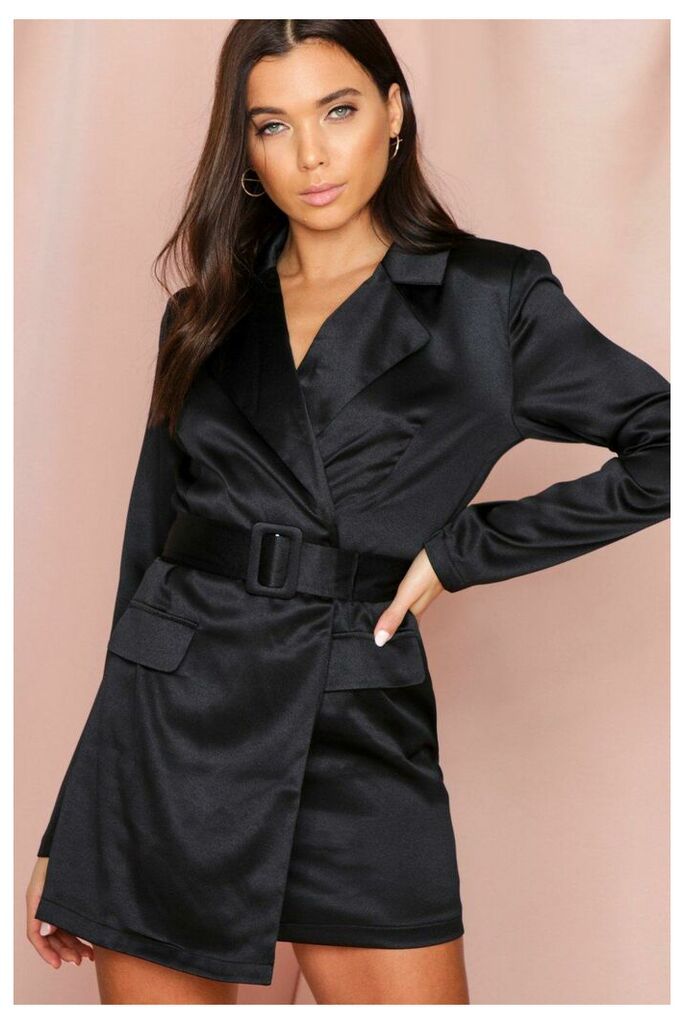 Womens Tailored Wrap Belted Blazer Dress - black - 6, Black