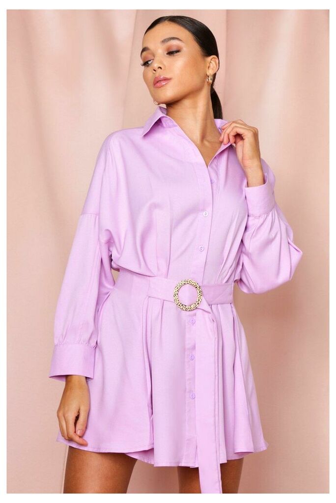 Womens O-Ring Belted Oversized Shirt Dress - lilac - 8, Lilac