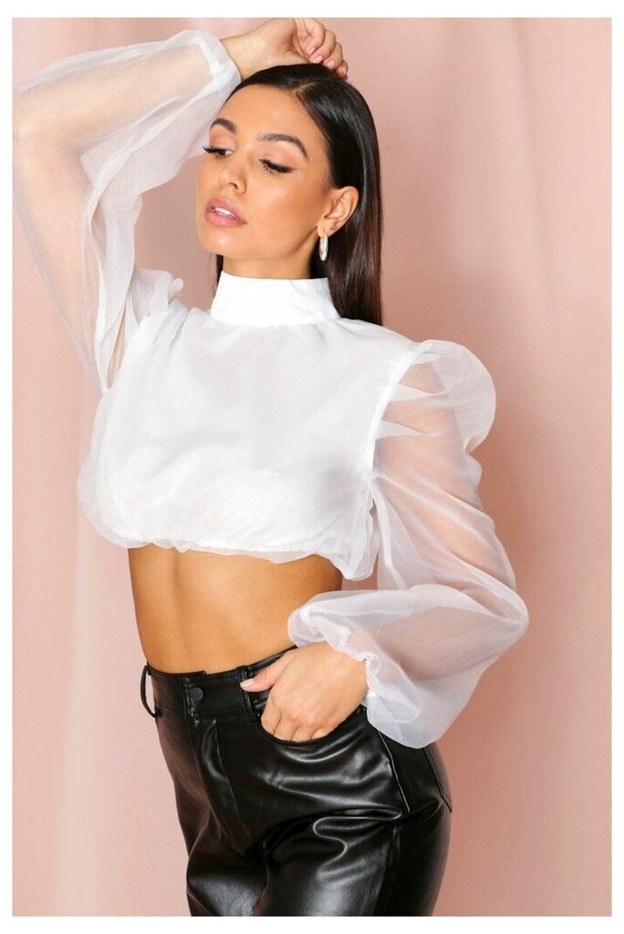 Womens Cropped Organza Puff Sleeve Blouse - white - 12, White