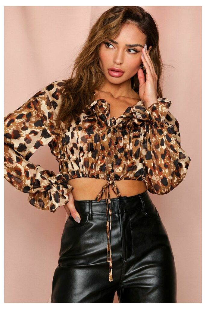 Womens Leopard Print Satin Button Front Ruched Top - brown - 22, Brown