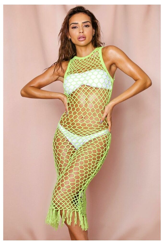 Womens Fringe Crochet Beach Maxi Dress - lime - S, Lime