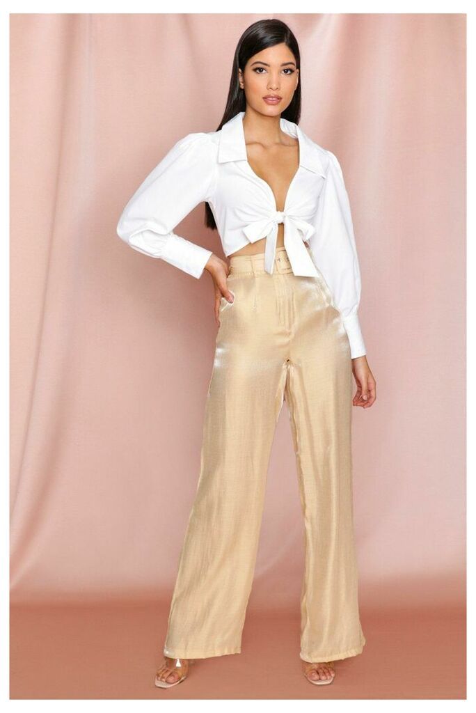 Womens Metallic Satin Belted High Waisted Trousers - nude - 22, Nude