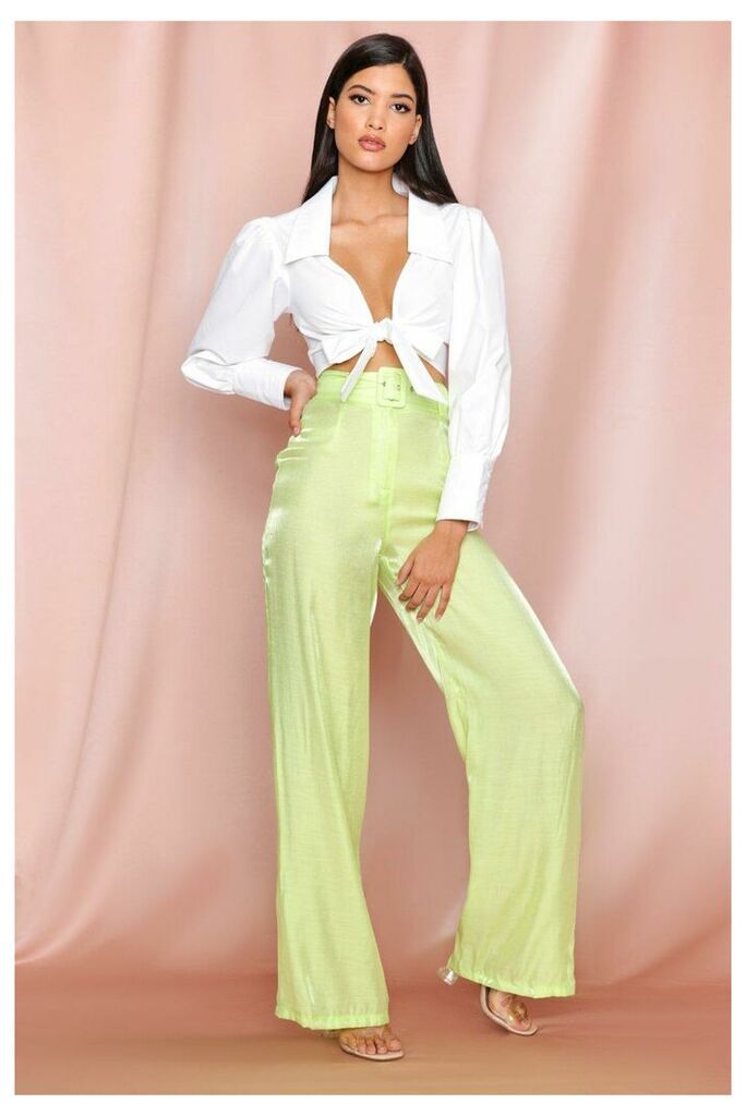 Womens Metallic Satin Belted High Waisted Trousers - lime - 24, Lime