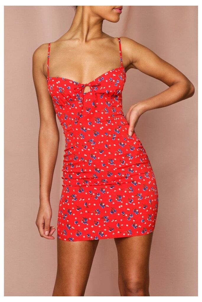 Womens Ditsy Floral Ruched Cup Slip Dress - red - 6, Red