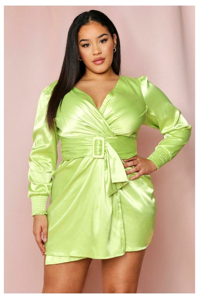 Womens Satin Puff Shoulder Belted Dress - lime - 6, Lime