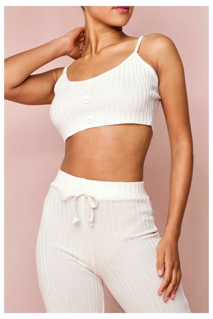 Womens Ribbed Knit Button Front Cropped Bralet - cream - M/L, Cream