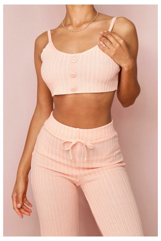 Womens Ribbed Knit Button Front Cropped Bralet - peach - M/L, Peach