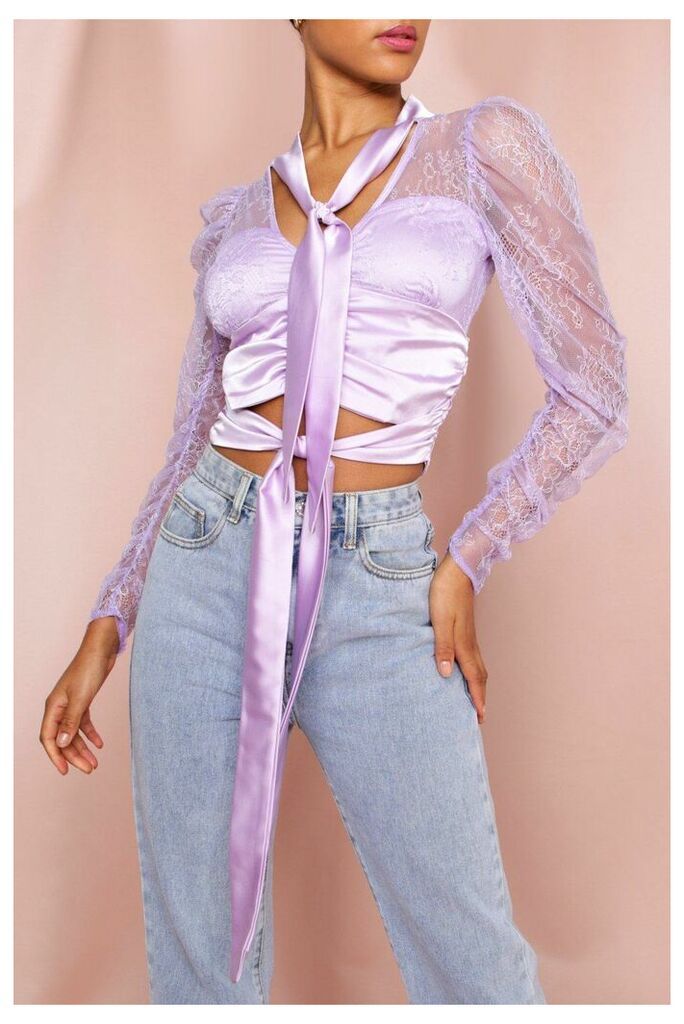 Womens Lace Puff Shoulder Button Front Blouse - lilac - 6, Lilac