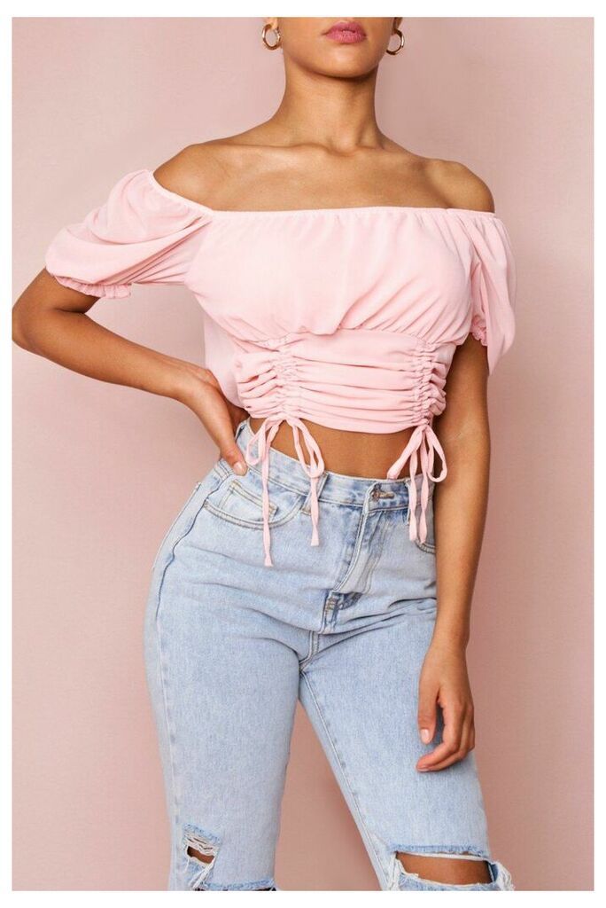 Womens Ruched Front Puff Shoulder Top - pink - L, Pink