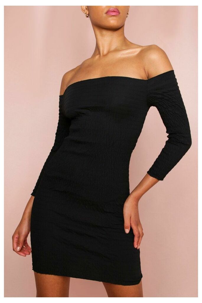 Womens Bardot Crinkle Mini Dress - black - 10, Black