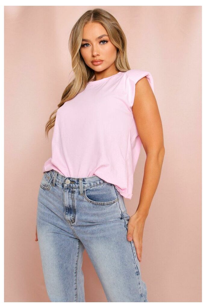 Womens Plain Shoulder Pad T-Shirt - pink - XL, Pink