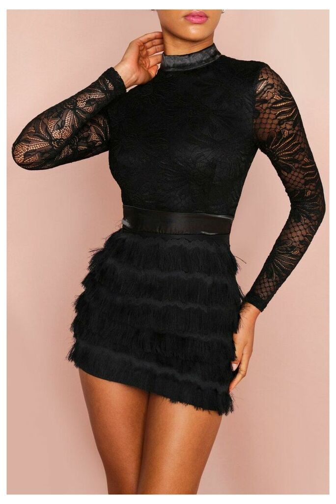 Womens High Neck Lace Fringe Dress - black - 6, Black