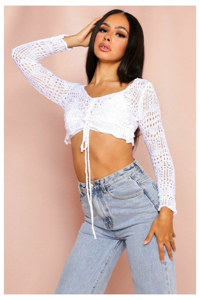 Womens Ruched Detail Crochet Crop Top - ivory - 14, Ivory