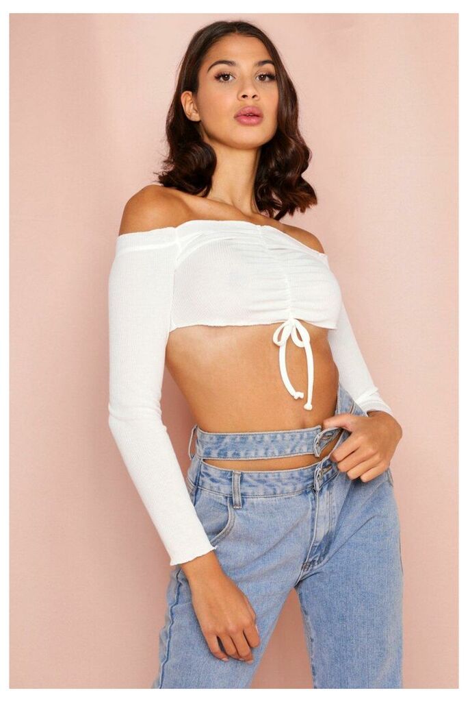 Womens Ribbed Ruched Front Bardot Crop Top - cream - 14, Cream
