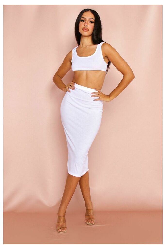 Womens Ribbed Scoop Crop And Midi Skirt Set - white - 10, White