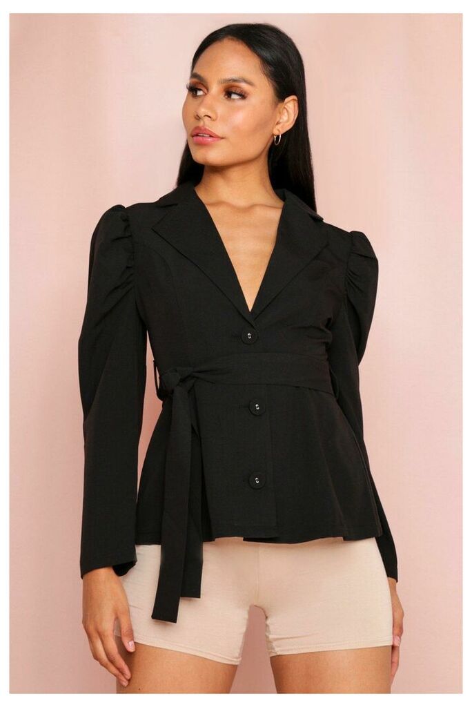 Womens Puff Sleeve Buttoned Belted Blazer - black - 6, Black