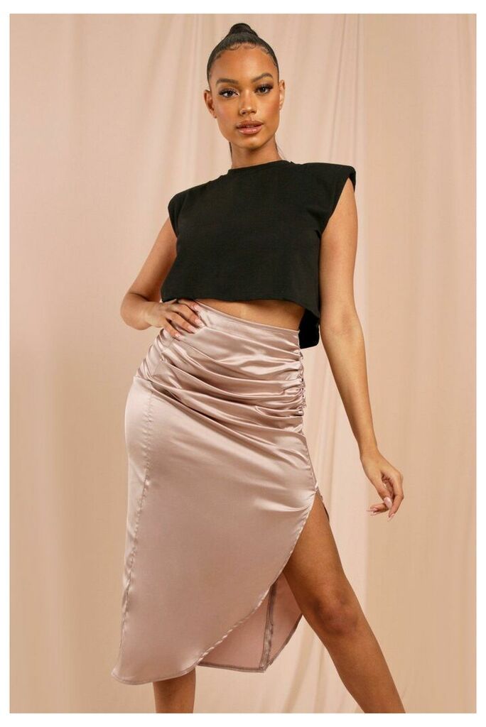 Womens Side Ruched Satin Midi Skirt - stone - 8, Stone