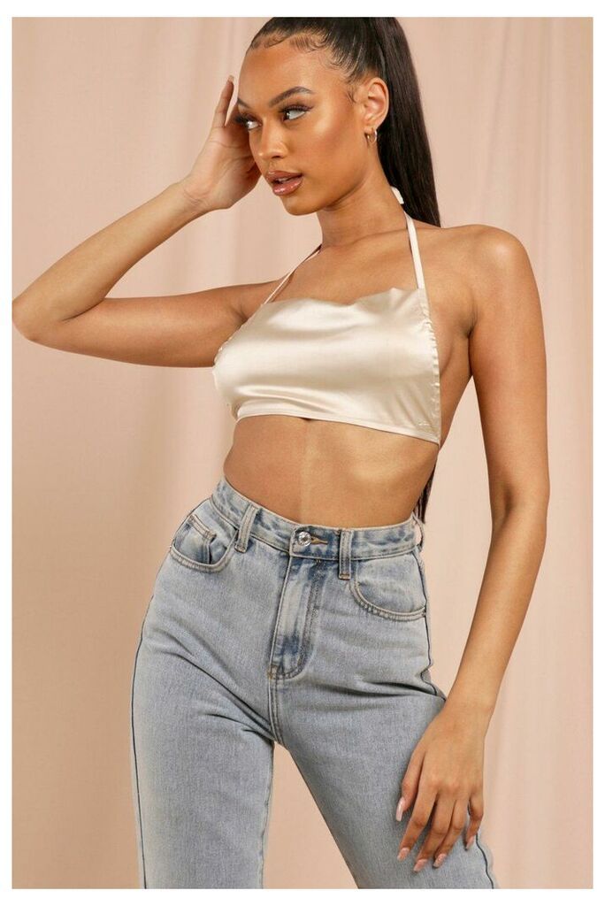 Womens Strappy Gathered Crop Top - stone - 12, Stone