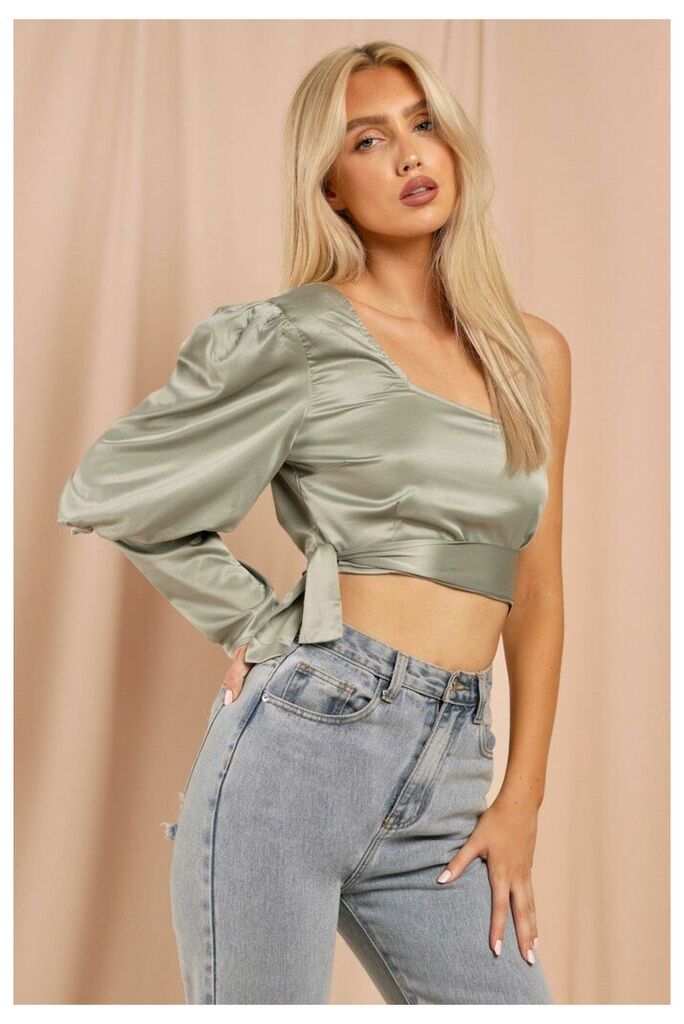 Womens Satin Puff Shoulder One Sleeve Crop Top - olive - 14, Olive