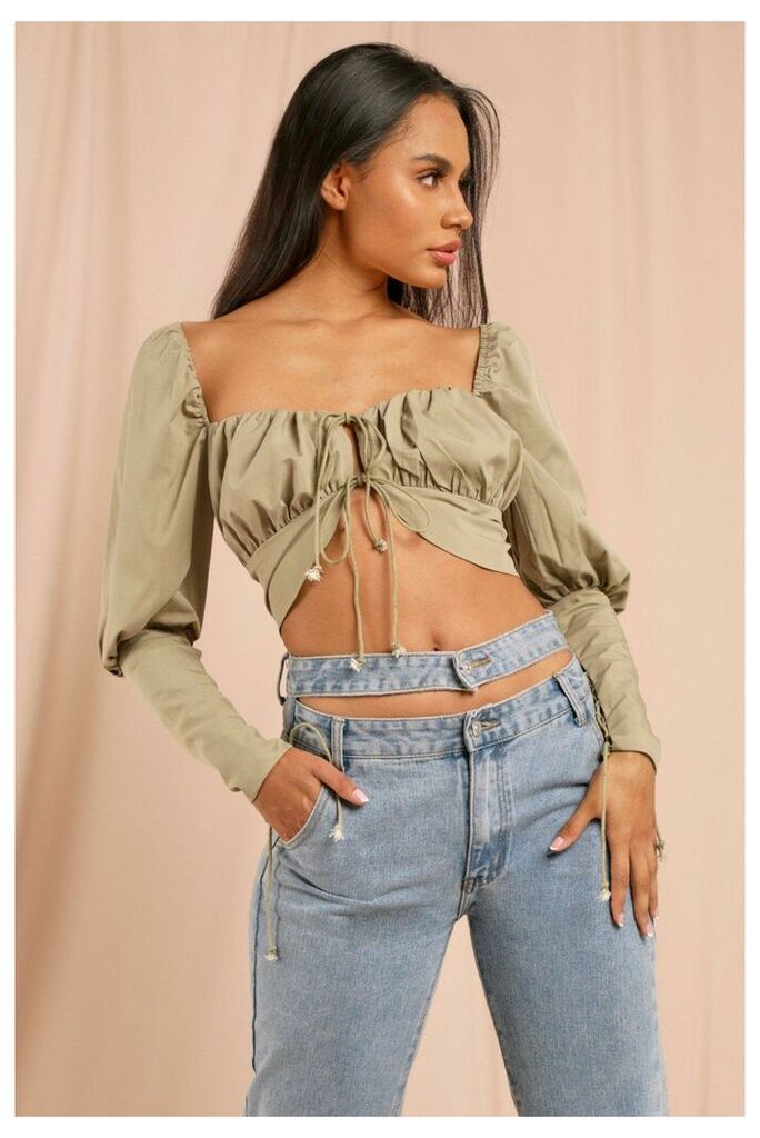Womens Milkmaid Lace Up Crop Top - olive - 14, Olive