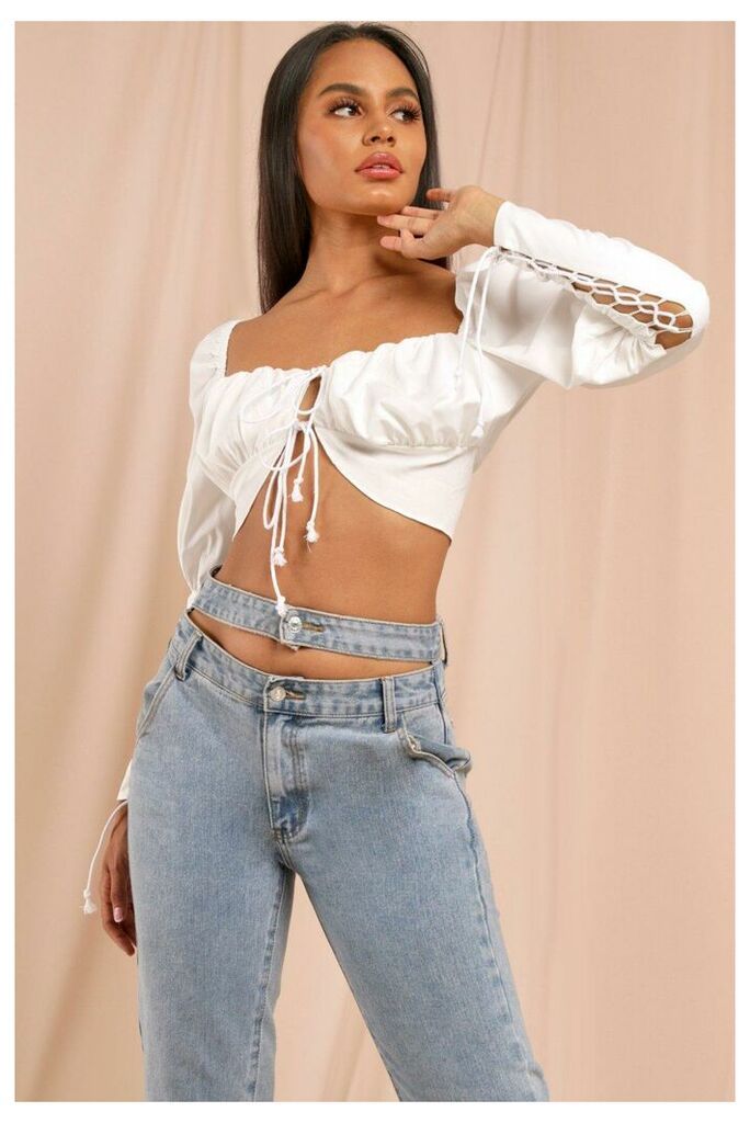 Womens Milkmaid Lace Up Crop Top - white - 14, White