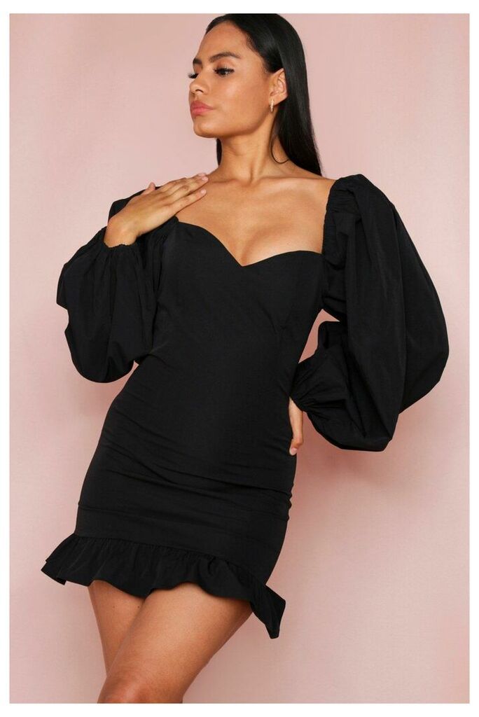 Womens Puff Sleeve Frill Hem Mini Dress - black - 6, Black