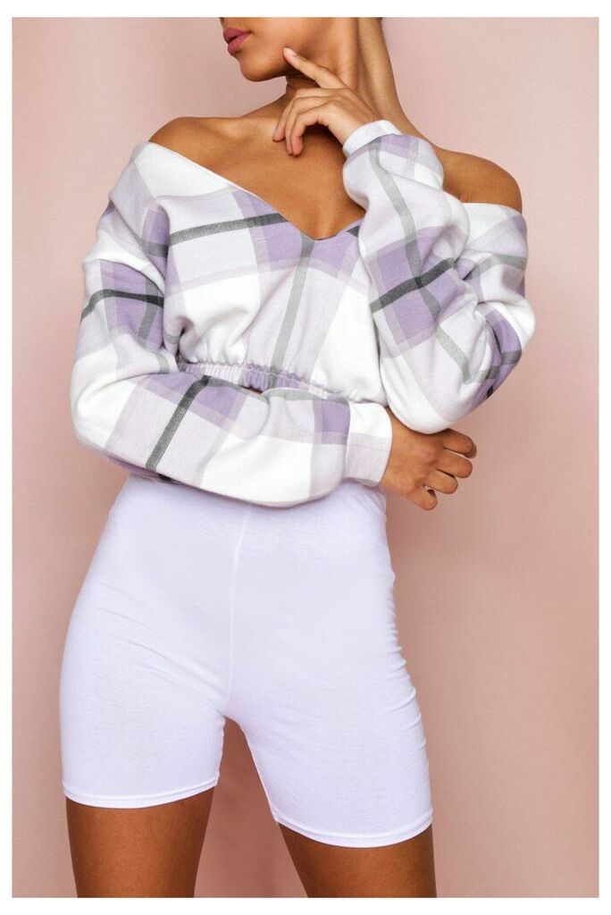 Womens Checked Off the Shoulder Cropped Sweatshirt - lilac - XL, Lilac