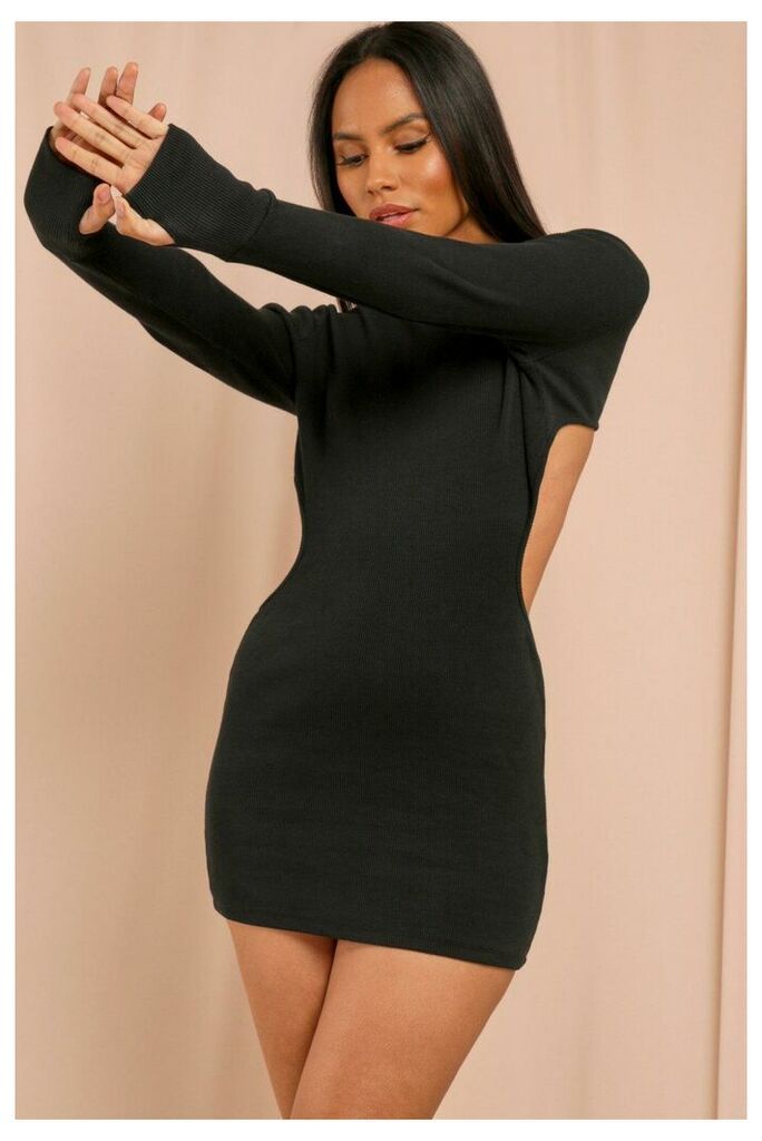Womens Ribbed Cut Out Open Back Mini Dress - black - 14, Black