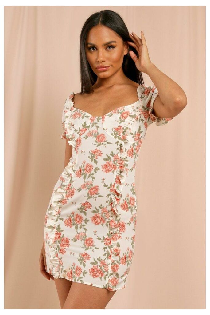 Womens Floral Frill Detail Cut Out Back Mini Dress - nude - 10, Nude