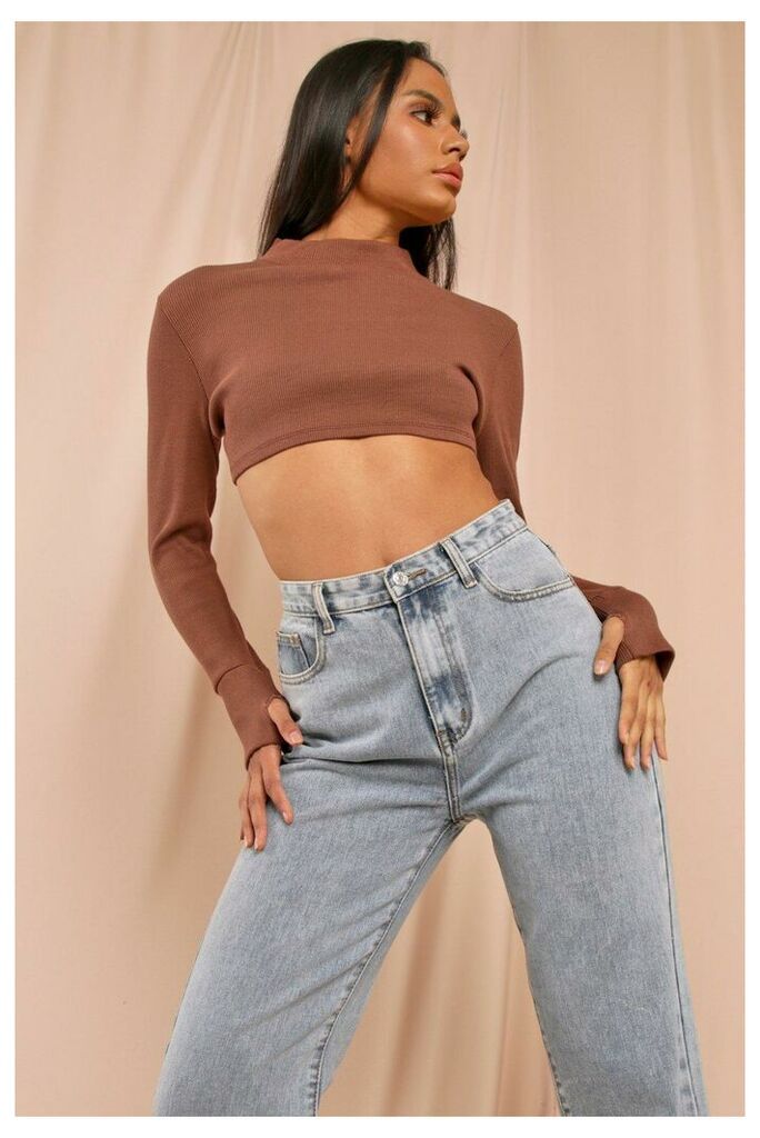 Womens Ribbed High Neck Crop Top - chocolate - 14, Chocolate