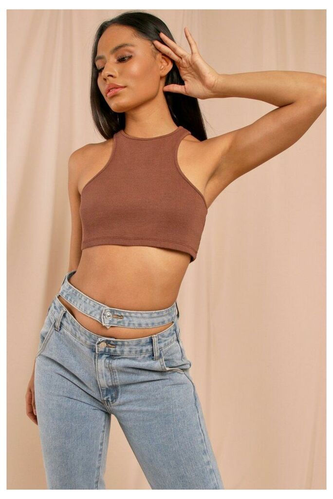 Womens Ribbed Racer Neck Crop Top - chocolate - 12, Chocolate