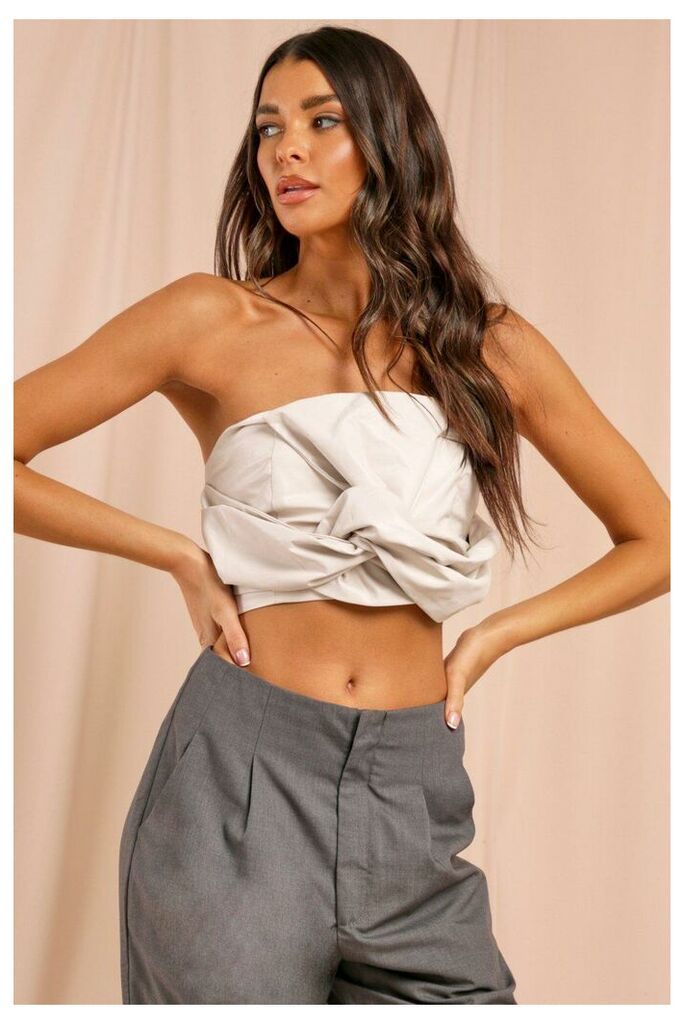 Womens Missé Leather Look Bandeau Bow Top - stone - 14, Stone