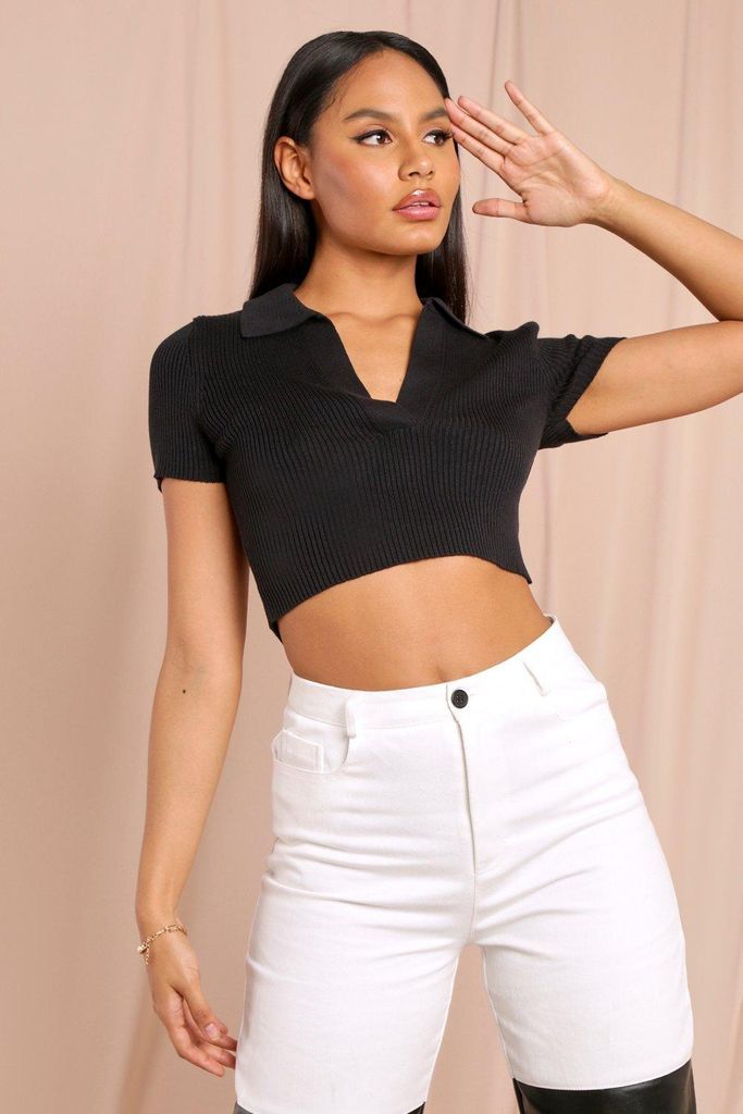 Womens Tia Knitted Collared Crop Top - black - 4, Black