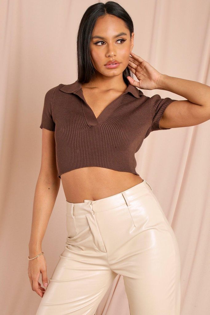 Womens Tia Knitted Collared Crop Top - chocolate - 6, Chocolate