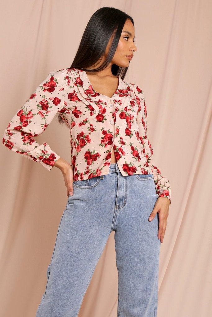 Womens Floral Puff Long Sleeve Shirt - nude - 6, Nude