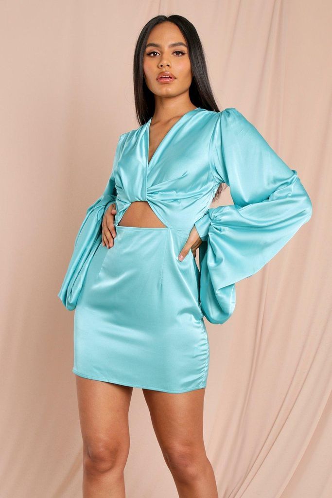 Womens Satin Oversized Balloon Sleeve Twist Detail Dress - mint - 8, Mint