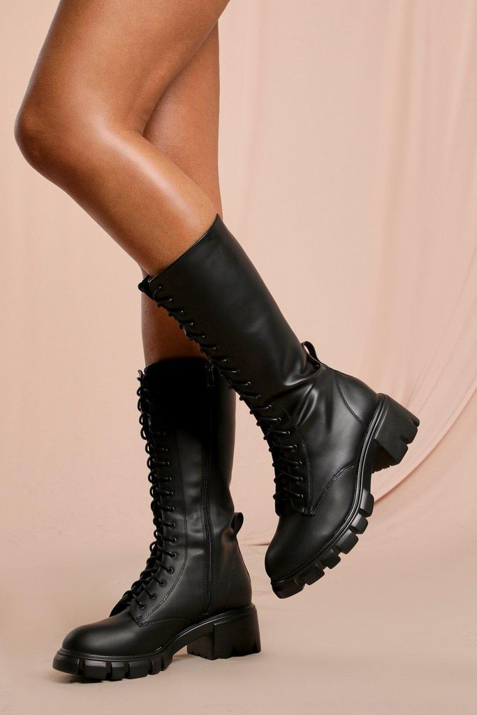Womens Chunky Sole Lace Up Knee High Boot - black - 3, Black