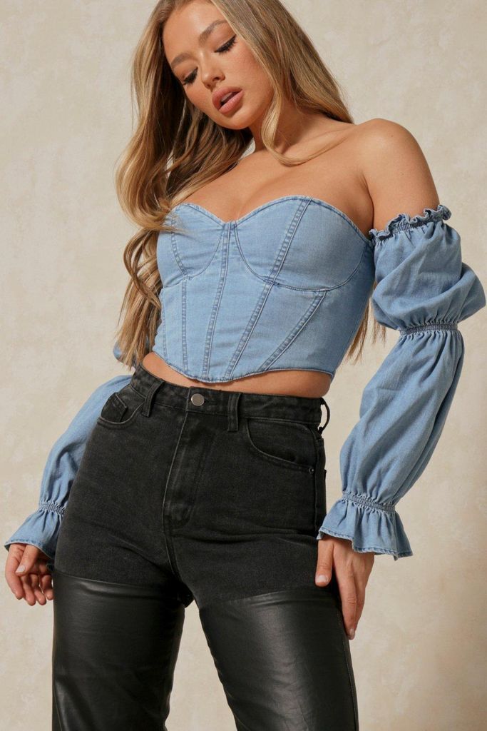 Womens Denim Cupped Detail Puff Sleeve Top - mid blue - 16, Mid Blue