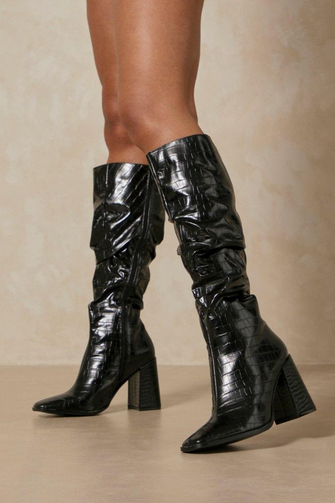 Womens Croc Ruched Knee High Boots - black - 3, Black