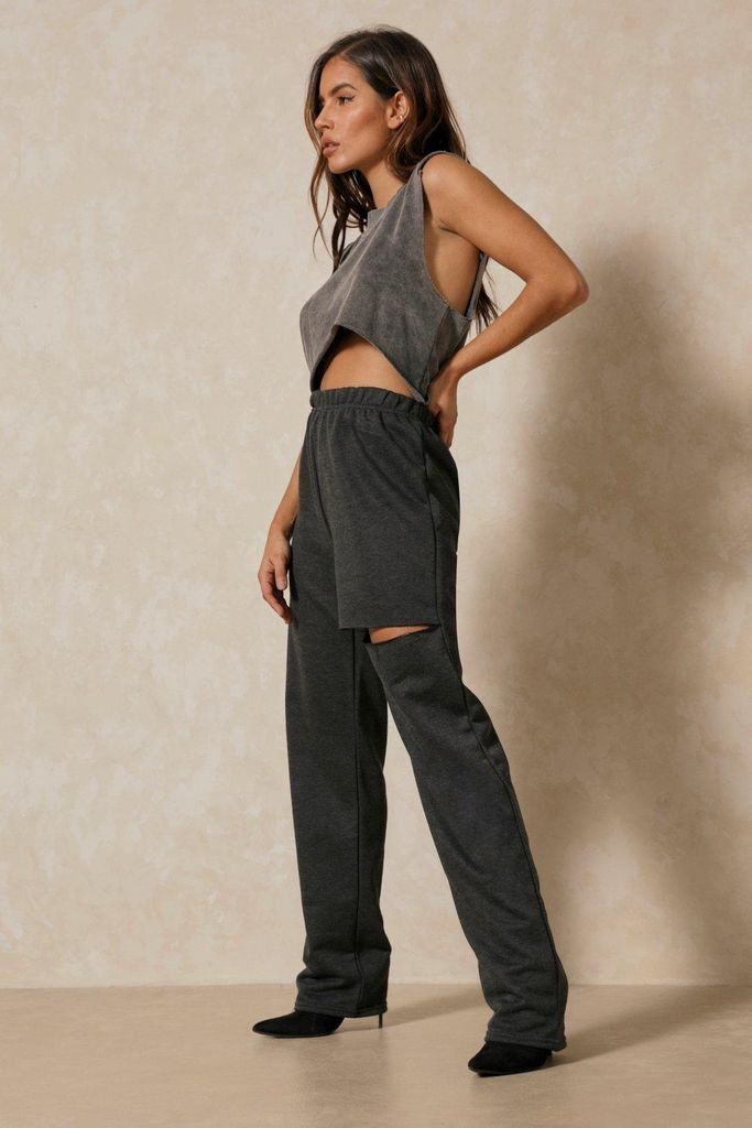 Womens Rip Detail Oversized Jogger - charcoal - 16, Charcoal