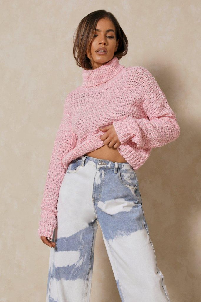 Womens Waffle Knit Roll Neck Jumper - candy pink - 6, Candy Pink