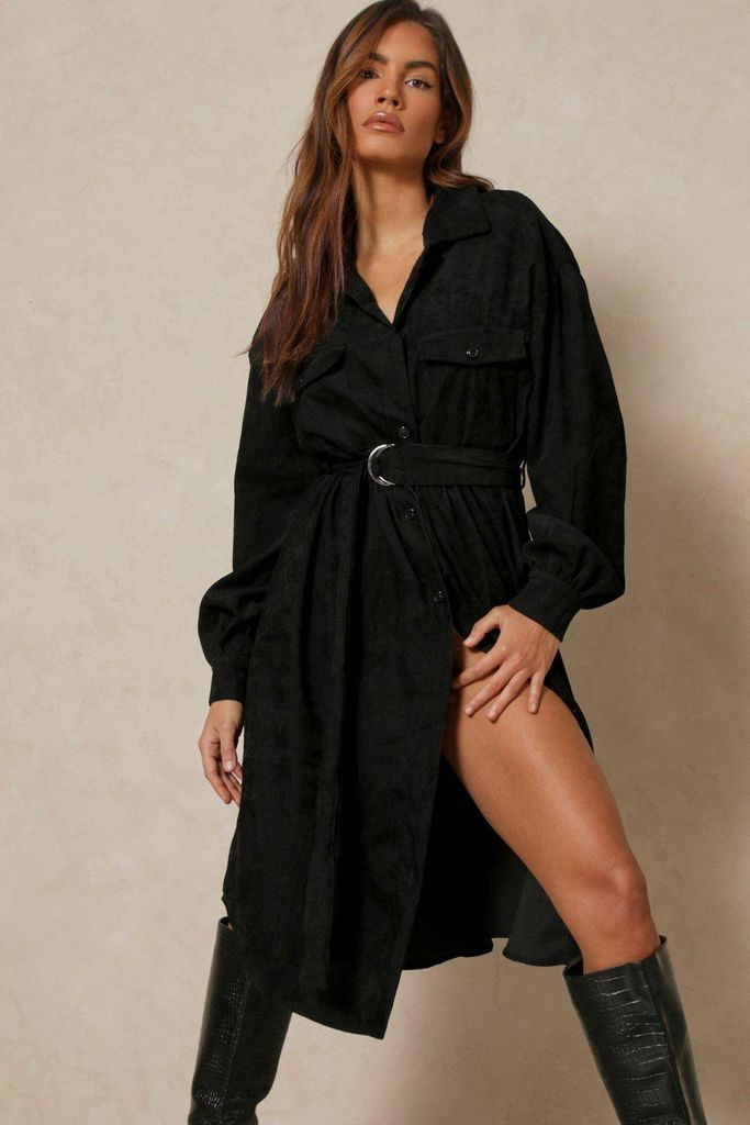 Womens Puff Sleeve Belted Cord Midi Dress - black - 6, Black