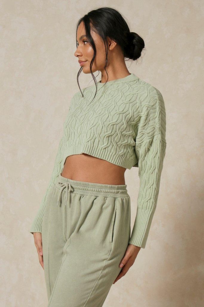 Womens Cable Knit Cropped Jumper - mint - S, Mint