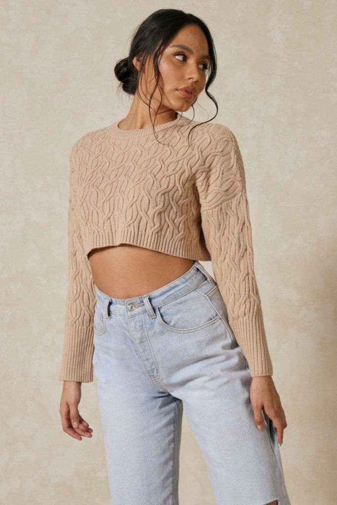 Womens Cable Knit Cropped Jumper - stone - S, Stone
