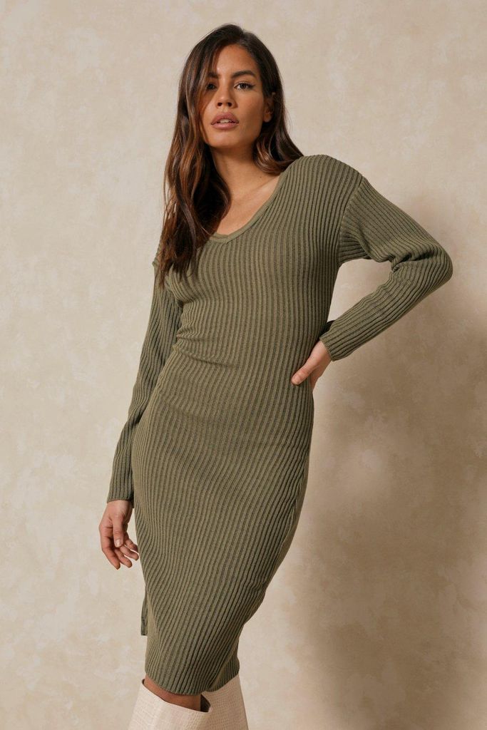 Womens Knitted V Neck Midaxi Dress - dark olive - XL, Dark Olive